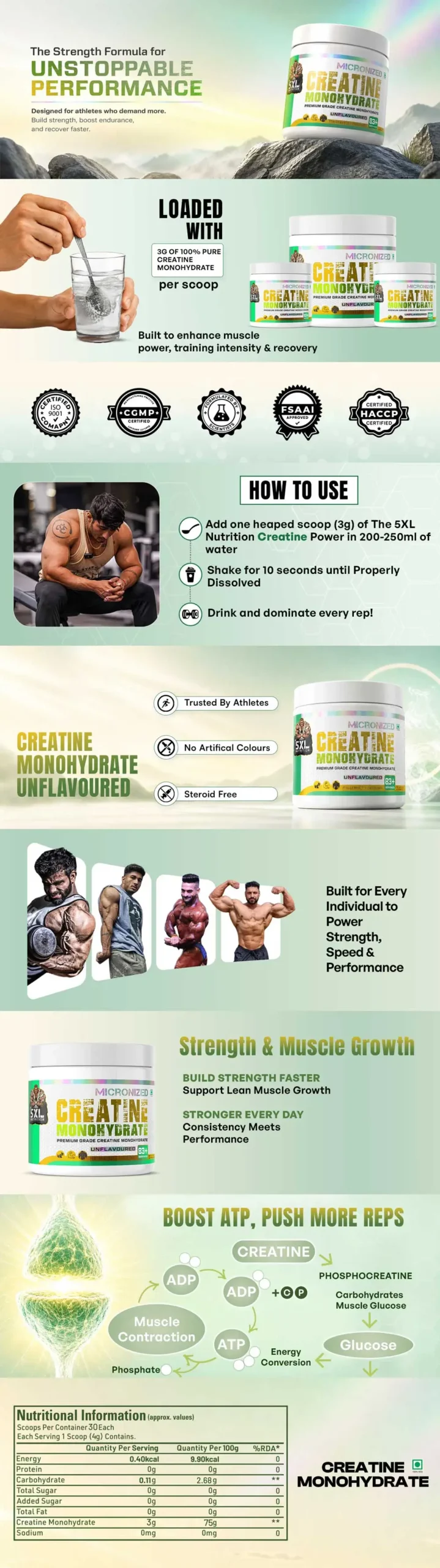 Creatine Monohydrate Unflavoured Creatine monohydrate banner from The 5XL Nutrition showing 3g pure creatine per scoop for strength